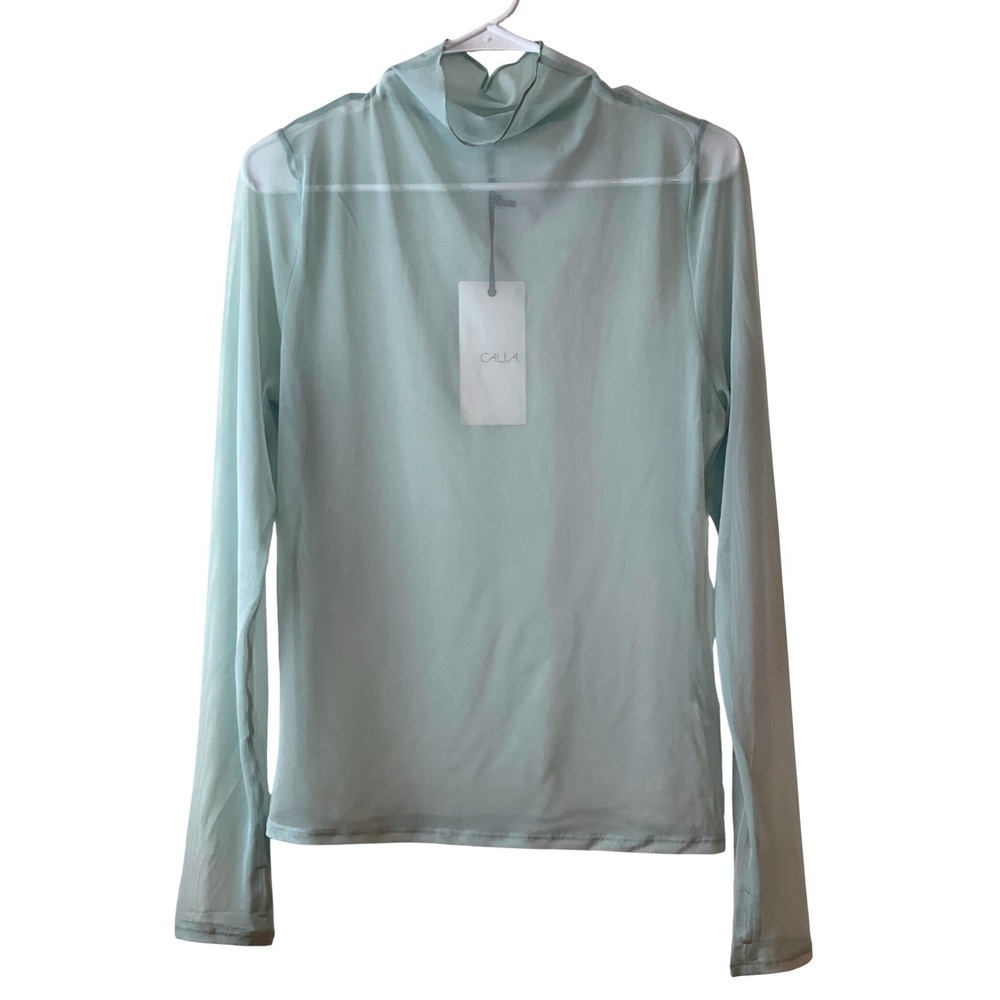Calia Draped Funnel Long Sleeve Women's L Smoked Turquoise Sheer Mesh Thumbhole